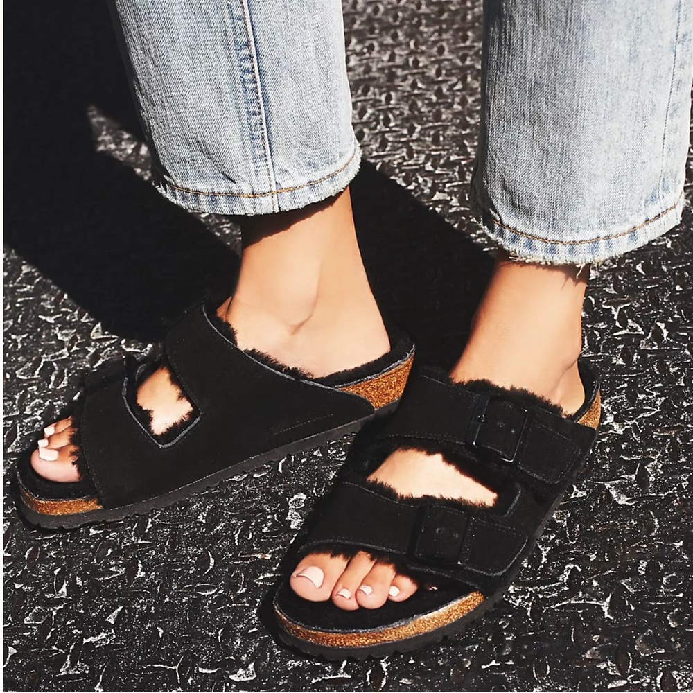 Birkenstock Shearling Big Buckle Arizona Black 39 Winter Fuzzy Sandals Birks